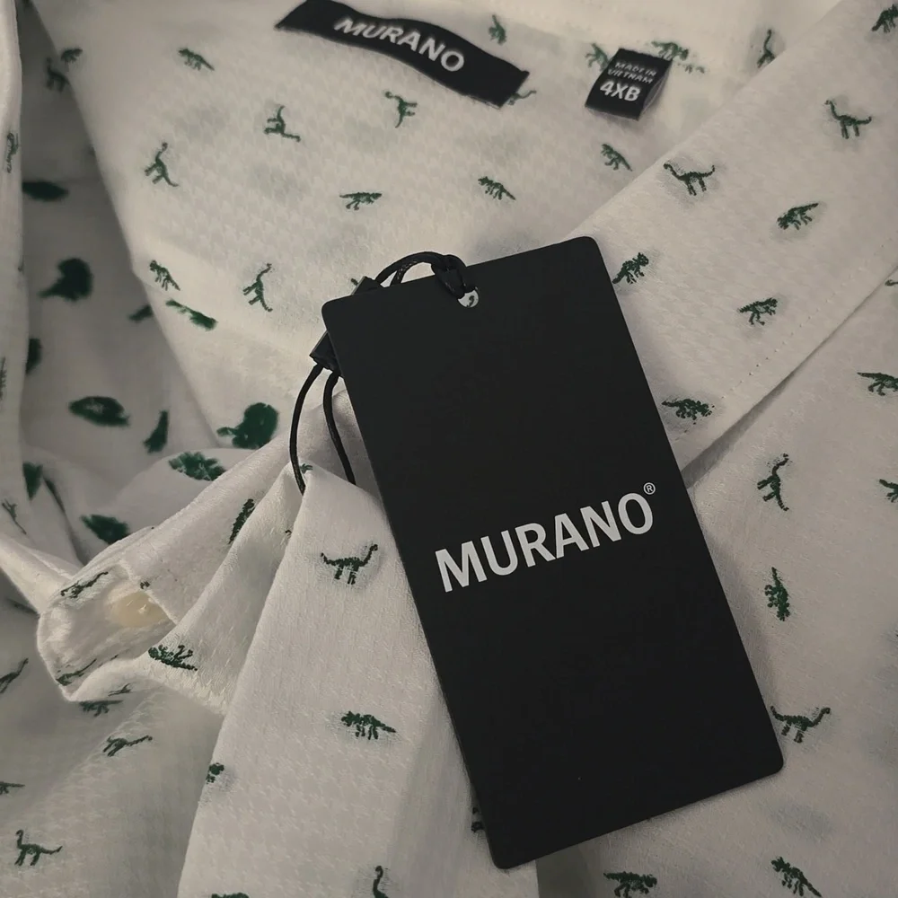 Murano White Prehistoric Dinosaur Pattern White Green Dress Shirt New $99 4XB - Picture 2 of 6
